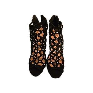 Women’s Black Lattice Stud Size 6.5 Open Toe 3.5" Stiletto Heels Sexy Night Out